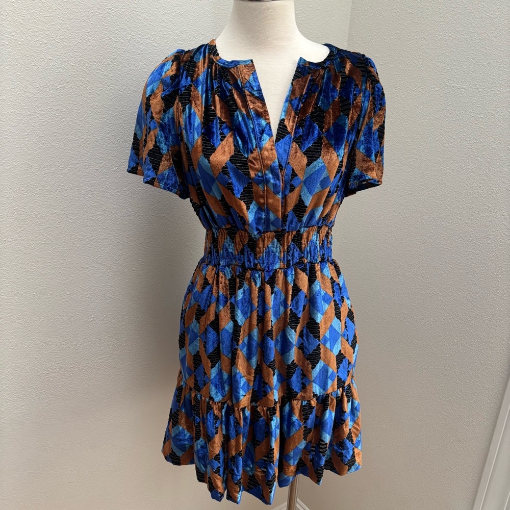 Anthropologie Somerset Mini Dress Velvet Geometric Blue Rust Motif Size Small - Picture 2 of 11